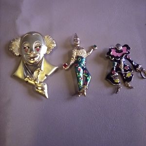 3 vintage enamel and metal clown pins